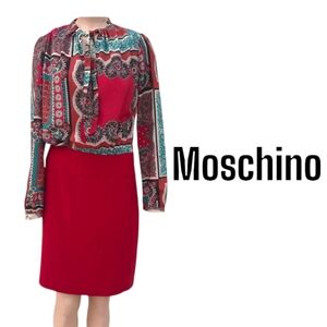 MOSCHINO bow tie midi dress with puffy sleeves and colorful baroque designs